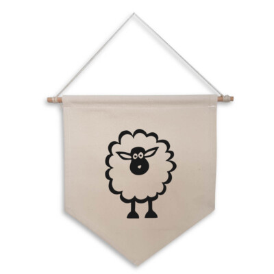 Fat Woolly Sheep Natur Hängende Wandflagge Schwarz Design Baumwolle Canvas Wohndeko...