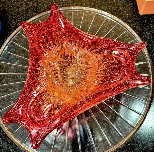 Vintage MURANO ITALY cranberry glass CANDY DISH BOWL ASHTRAY Bullicante Gold