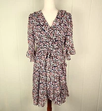 GiGio Floral Wrap Dress Women's Size L Ruffle Sheer Lined Tie Waist Boho NWT