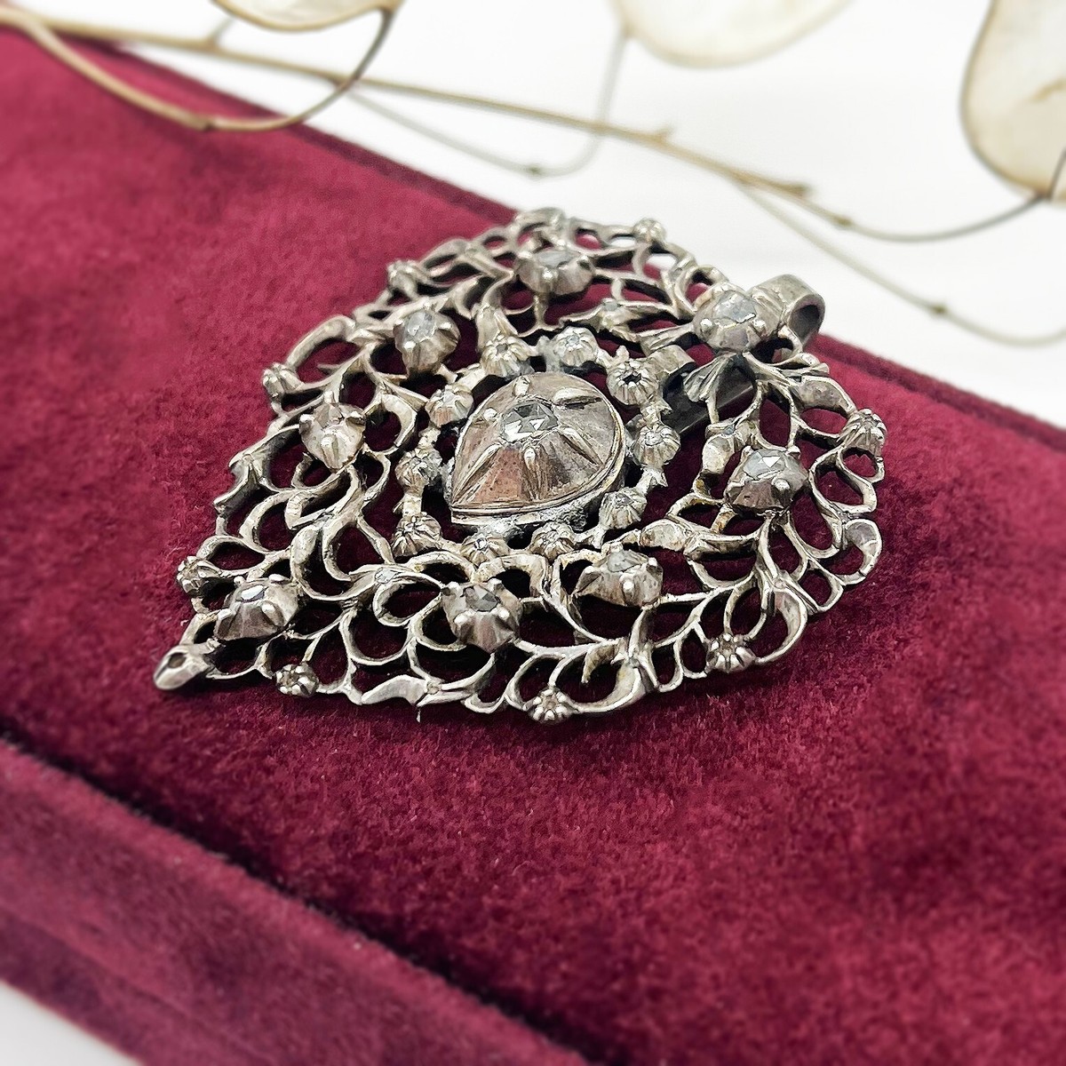Antique Sterling Silver & Diamond Pin View 2