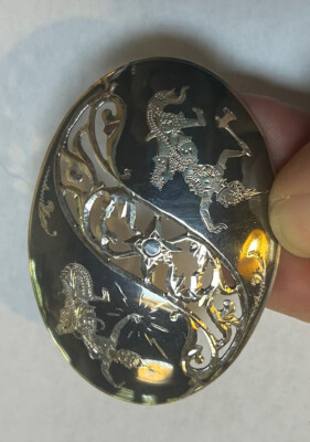 Sterling Silver Thai Siam Pin Brooch Two Dancers / Mekkala Goddess