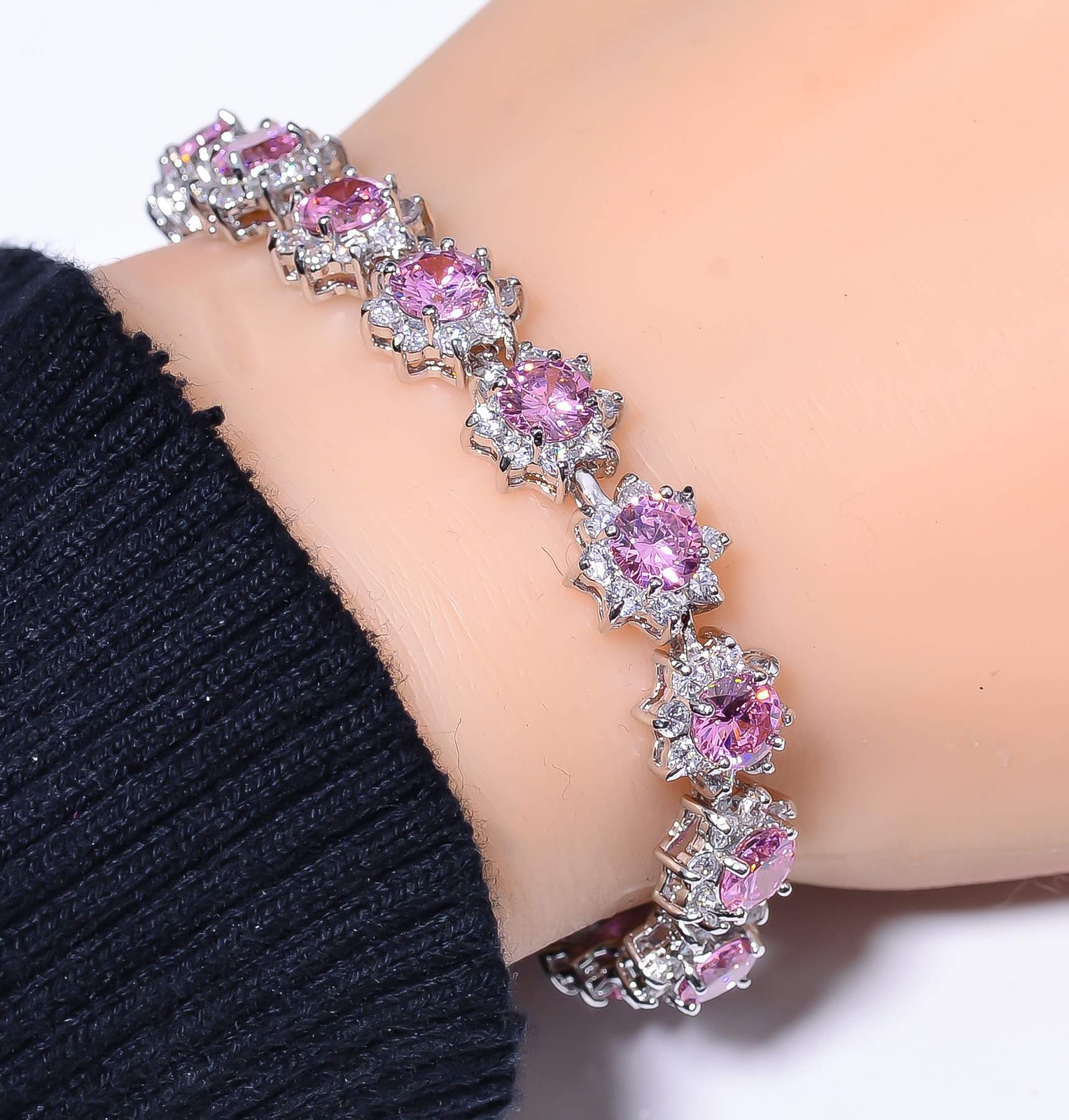 Pink Sapphire (Simulated) & CZ 925 Sterling Silver Tennis Bracelet 7.99