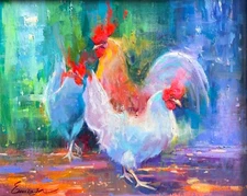 Waltzing Trio original oil painting colorful chicken original impressionism art