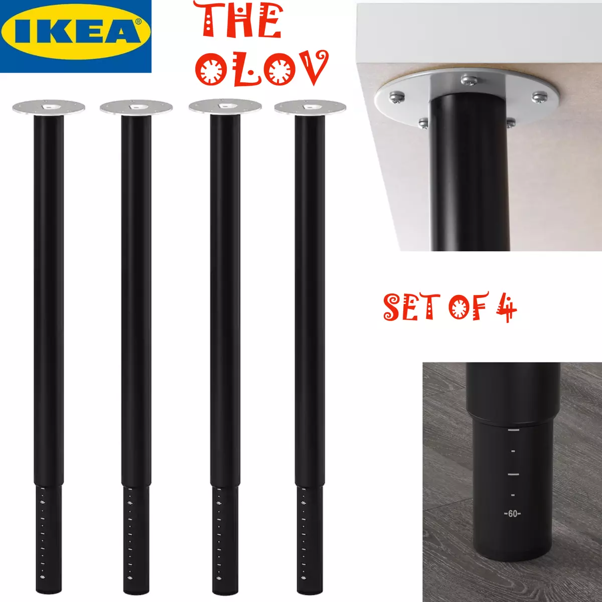 4 Legs Ikea Black OLOV Leg Adjustable Black 302.643.01 Table Leg Any Project