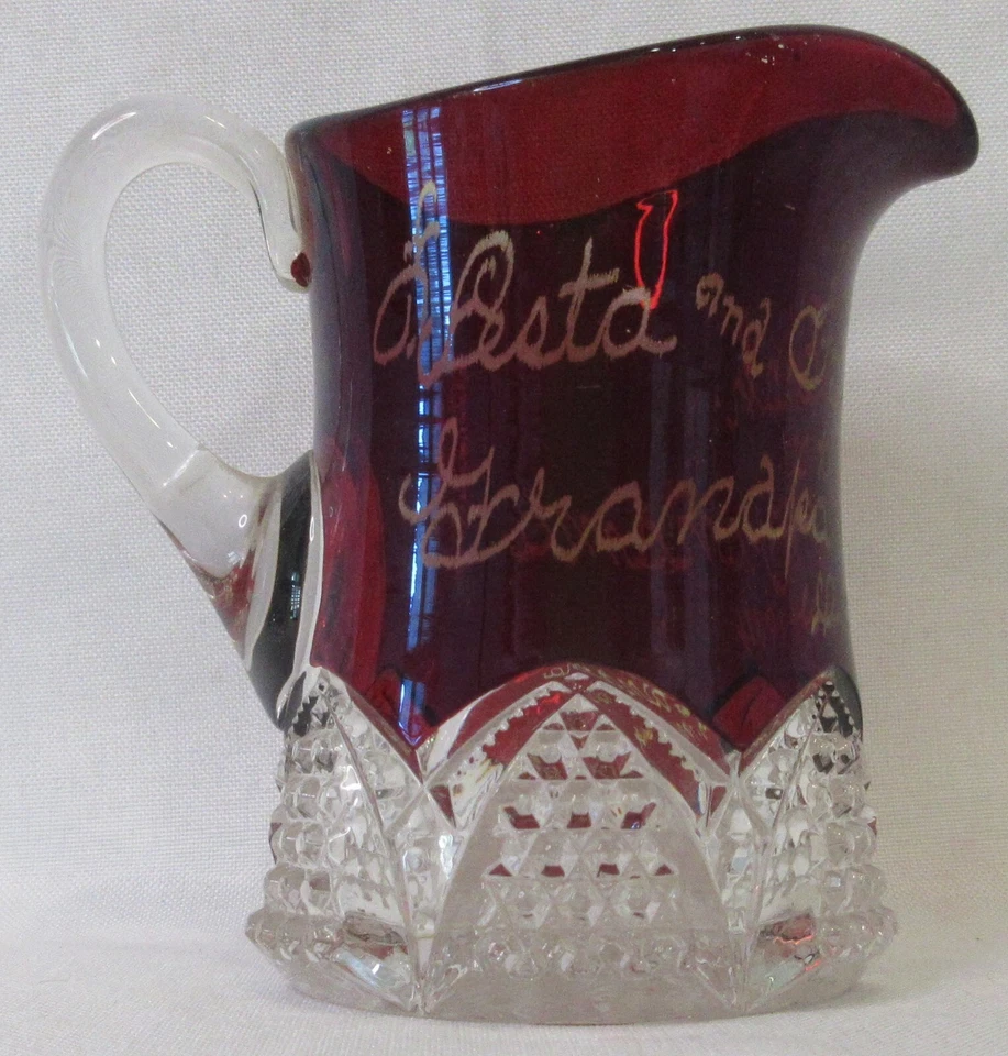 Antique Etched 1904 Ruby Red Crystal Clear Glass 3.75” Creamer Pitcher Christmas - Image 2 of 4