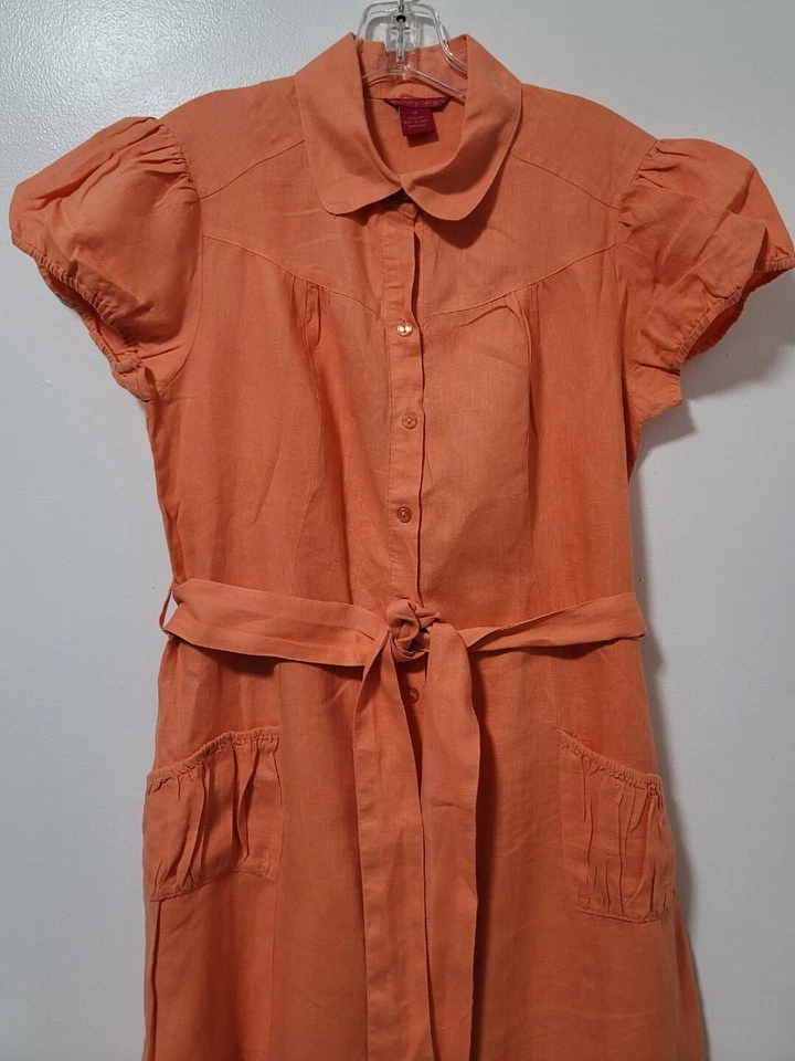 Vestido Camisa Sunny Leigh Mujer Talla 10 Naranja Lino Mangas Cortas Abullonadas Con Botones Foto 4 de 4