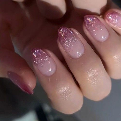 24Pieces Elegant Shimmery Press On Nail Gradients Purple Short Almond Faux Nail - Picture 7 of 8