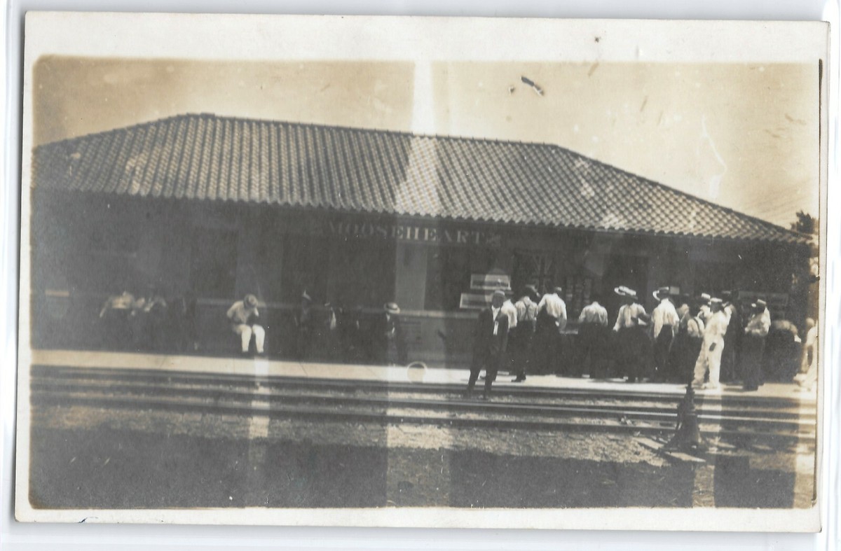 Railroad train depot, Mooseheart, Illinois; photo postcard RPPC K