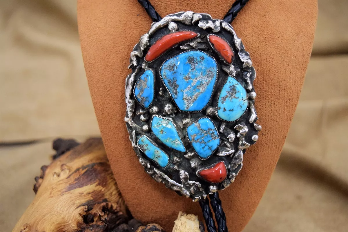 Turquoise and Coral Sterling Silver Bolo Tie