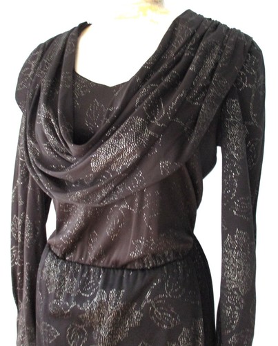 Vtg 70s 80s black chiffon sparkly silver starry night cowl neck disco dress 14 - Picture 2 of 5