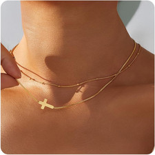 14K Gold Cross Necklace for Women, Dainty Layered Gold Necklaces, Small Cross Pe