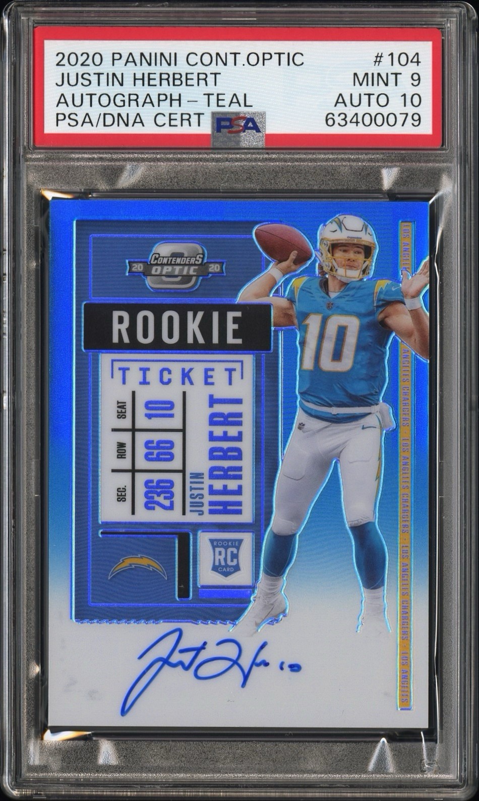 PSA 9/10 2020 Justin Herbert Contenders Optic RC Teal Rookie Ticket Autograph 99