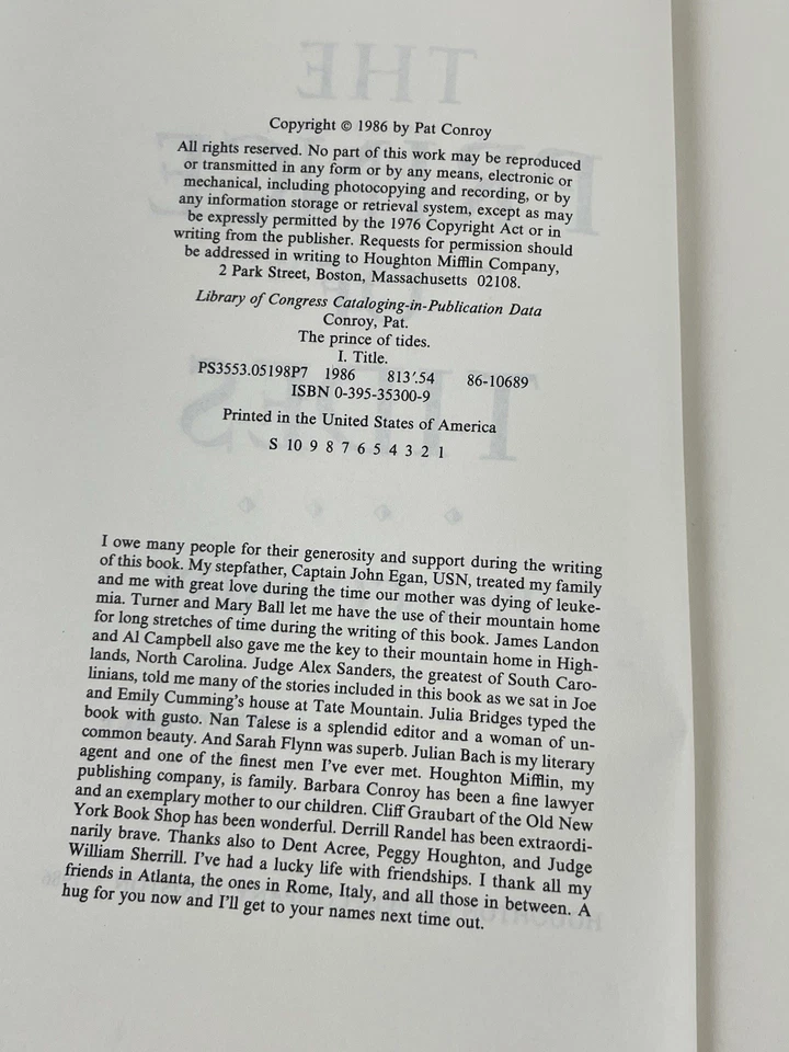 The Prince of Tides: A Novel by Pat Conroy Vintage Hardcover 1st Edition 1986 - Image 2 of 4