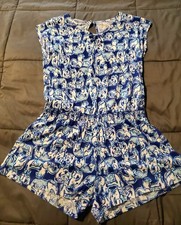 Lilly Pulitzer Girls' Pacey Romper blue and white elephant print XL 12-14
