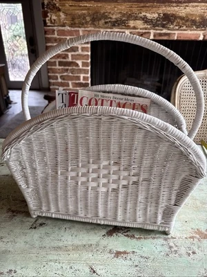 Vintage White Wicker Magazine Rack Storage Stand - Image 1 of 4