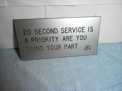 VINTAGE RARE 20 SECOND SERVICE McDONALD`S IN STORE ADVERTISING SIGN 12x6 in -S15
