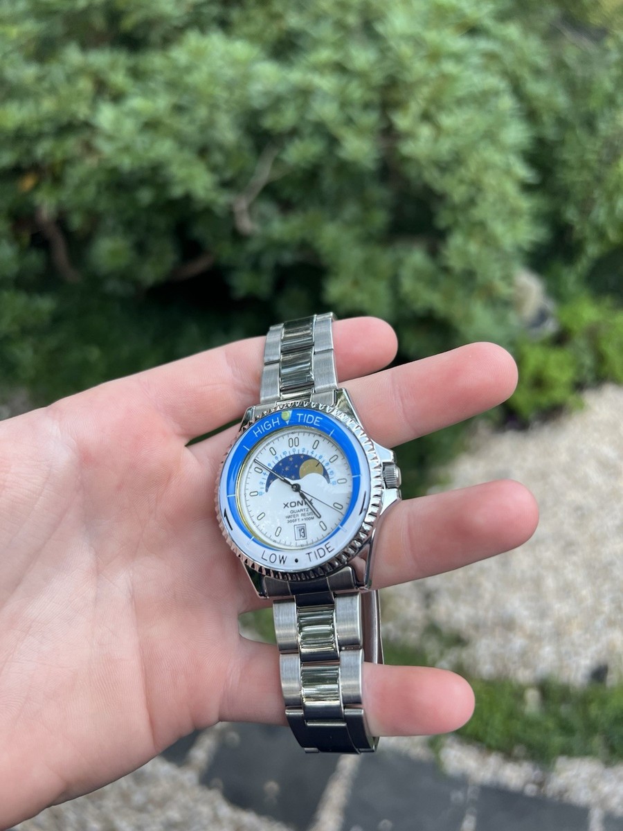 Vintage Xonix Moon Phase TIDE Bezel & Date Men's Steel Watch 100m