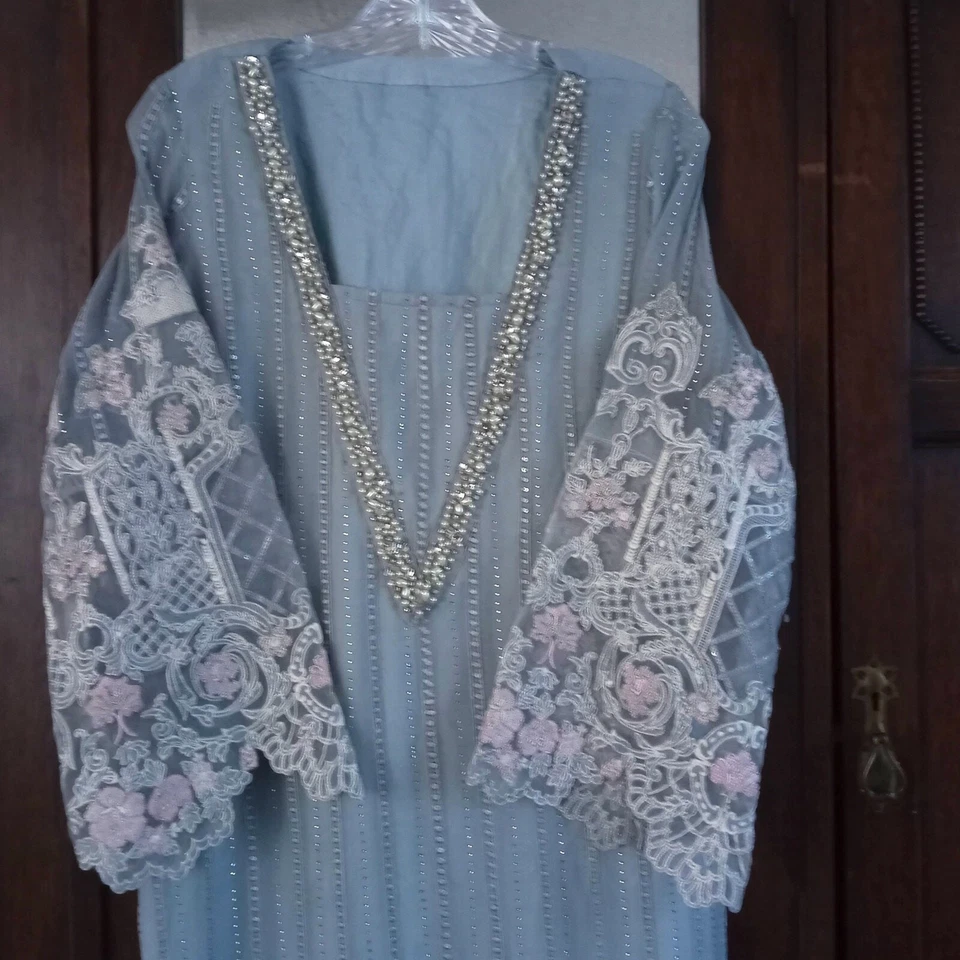 Traje Anarkali Salwar Kameez Cuentas Azules Cristales Bollywood Étnico Boda M/L Foto 2 de 4