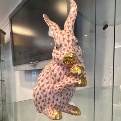 Herend Porcelain Rabbit Figurine Orange Fishnet Gold Accents Glossy Finish