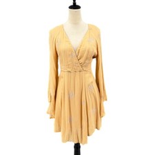 Free People 10 Yellow Jasmine Boho Long Sleeve Floral Embroidered Mini Dress