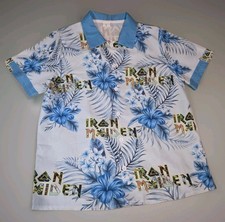 Iron Maiden Hawaiian Floral Short Sleeve Button-Down Shirt Blue/White Size L