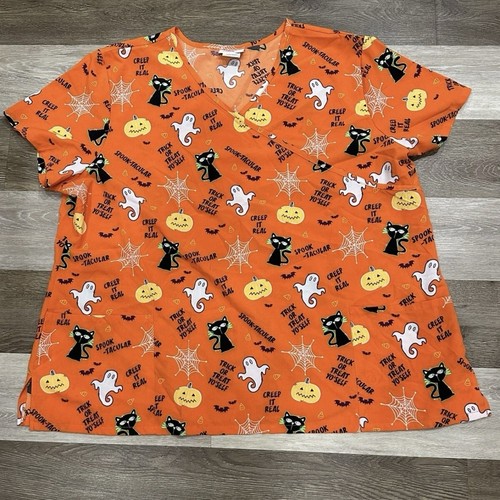 Lot 2 Scrub Tops Women’s Sz 3XL Scrubstar Halloween Theme & Dark Purple VGC - Picture 2 of 12