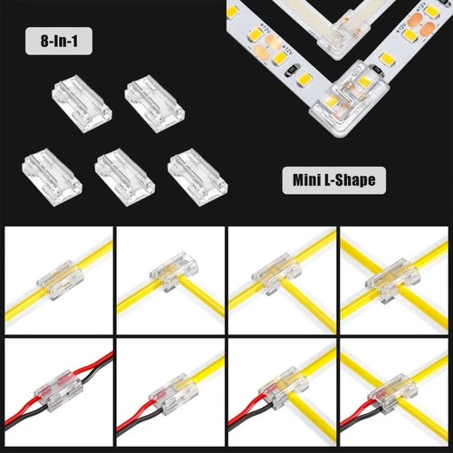 8-in-1 Beetle Clip & Mini L-Shape LED Strip Clamp Connectors for 2-Pin COB/SMD