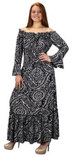 Boho Renaissance Maxi Dress Black White XL Smocked Waist Tiered 3/4 Sleeves