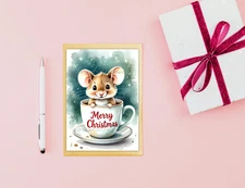 4x A6 Print, Trim, Fold Mouse in Teacup Christmas Cards Digital Images for Print