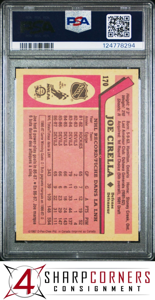 1987 O-PEE-CHEE #170 JOE CIRELLA DEVILS PSA 10 - Image 2 of 3