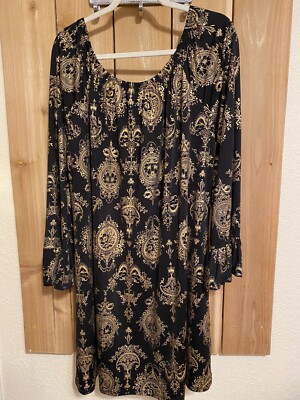 Super Nova Black Gold Long Sleeve Dress Size 2X NWOT