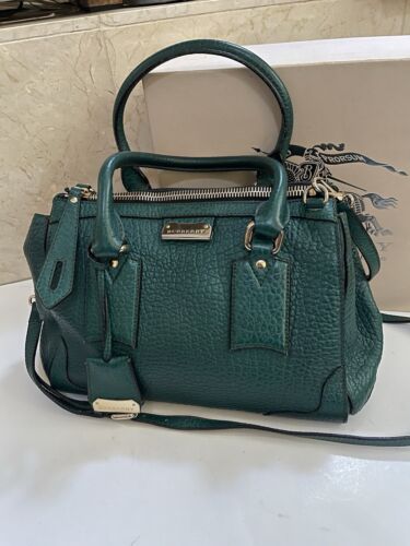 Authentic Burberry Dark Green Gladstone Pebbled Large Leather Handbag W/ Box
