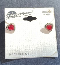 Sterling Silver Earrings Red Stone/ Glass Hea...