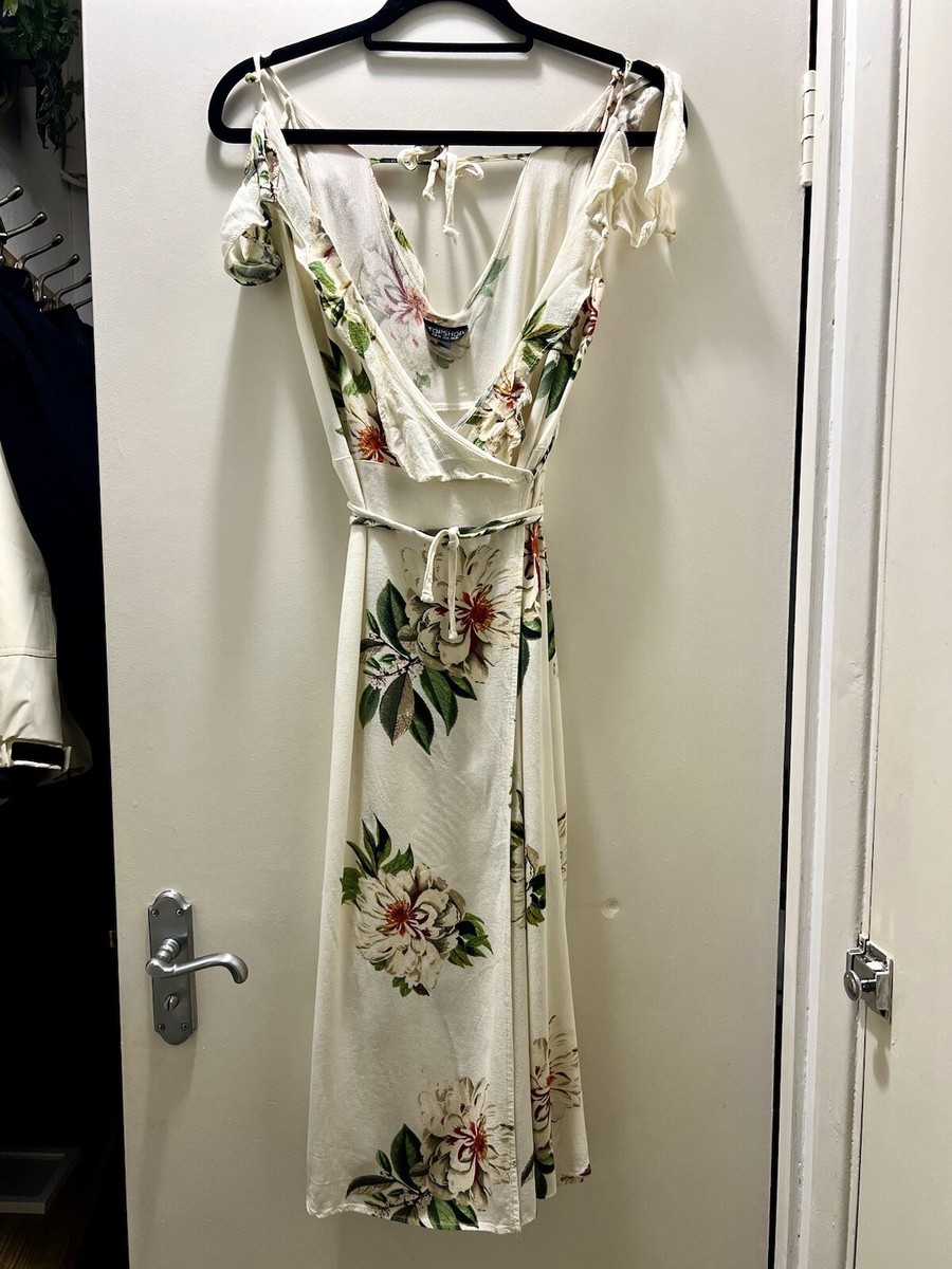 TOPSHOP TOP SHOP size 10 Cream Green Leaves Floral Flower Long Wrap Summer  Dress