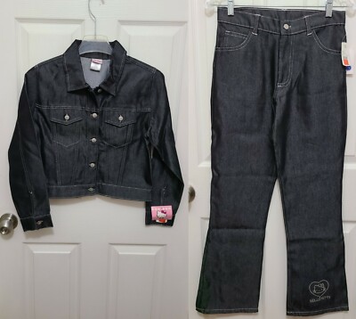 NEW Vintage 2001 Sanrio Hello Kitty Black Denim Outfit Jacket/Pants Girls Size L