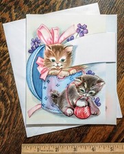 1 VINTAGE GREETING CARD Kitty Cat 1940s, 3 Panel, w Env UNUSED !