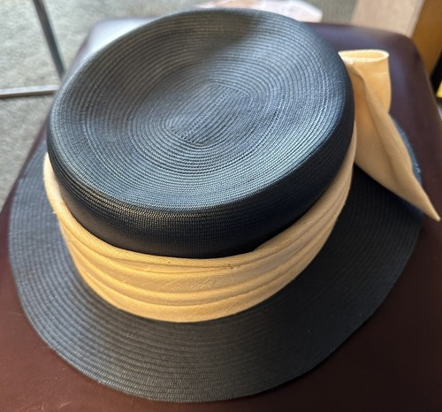 Jan Leslie Women's Boater Hat Blue With Beige Band Size 6 7/8 - Picture 6 of 6