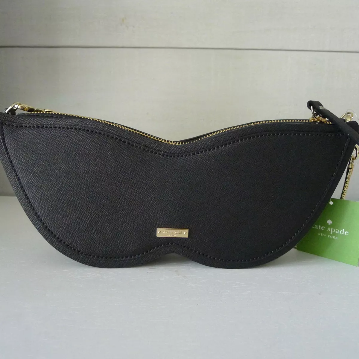 KATE SPADE Black 3D MASK CLUTCH Glitter DRESS THE PART Saffiano