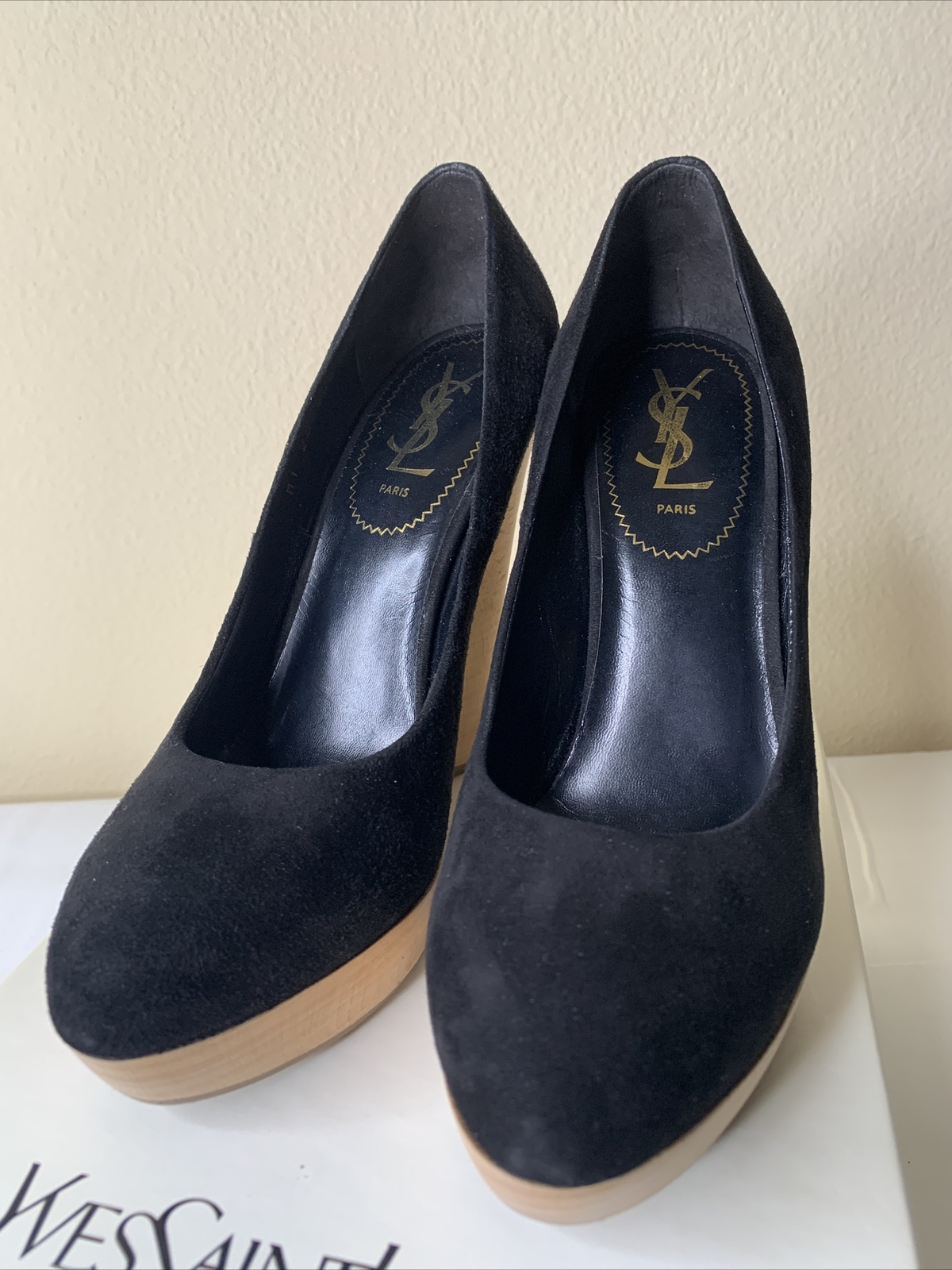 Yves Saint Laurent Maryna zeppa tacco donna taglia 8 5 nero scamosciato Rive Gauche us intime ottimeioni