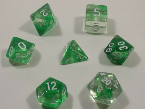NUOVO RPG Set di 7 dadi - Mysty Clear Green (inchiostrazione bianca) D4 D6 D8 D10 D12 D20 D00 - Foto 1 di 8