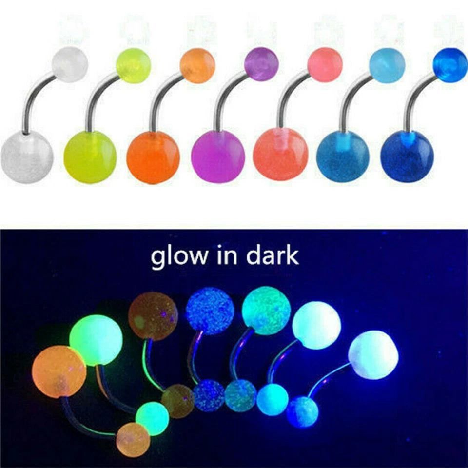 10Pcs Glow In Dark and Glitter Ball Tongue Rings Nipple Barbells Jewellery US - Image 2 of 4