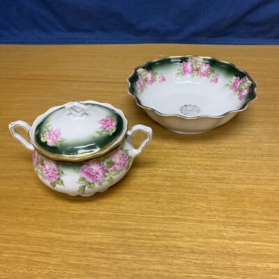 Antique Weimar Germany Porcelain 9 1/4  Serving Bowl & 6 1/2  Covered Bowl
