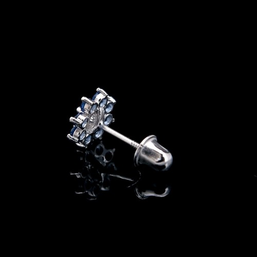SIMULATED DIAMOND SAPPHIRE CLUSTER FLOWER EARRINGS 14K WHITE GOLD SCREWBACK - Picture 4 of 6