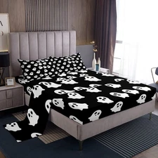 Happy Halloween Set Full Size Cute Cartoon Ghost Sheets with Deep Pocket Fitt...