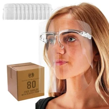 Salon World Safety Clear Face Shields with Glasses Frames (80 Pack) - Anti-Fog
