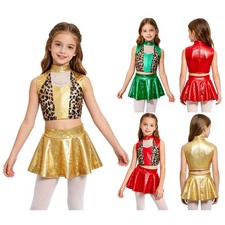 Girls Dance Costume Patchwork Skirt Set Crop Top Dance Set Outfit 2-Piece Kids