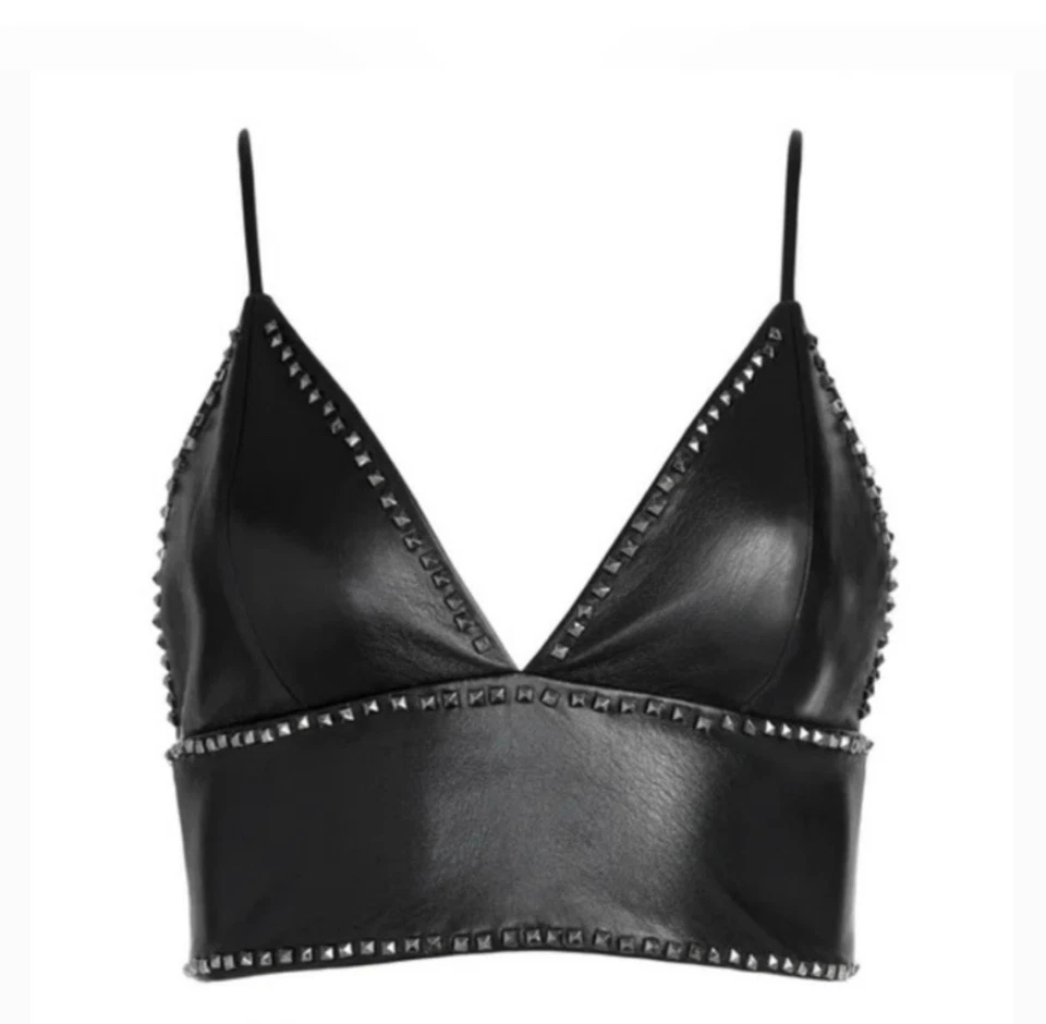 alice + Olivia Carli Vegan Leather Studded Crop Top Size 2 MSRP $395 - Image 2 of 4