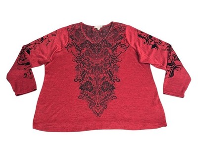 Y2K CB Established 1962 Top Womens 3X Red Floral Tribal Felted Studded Mall Goth