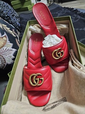 New Gucci Marmont GG Quilted Leather Chevron Sandals Slides Maple Red 37.5