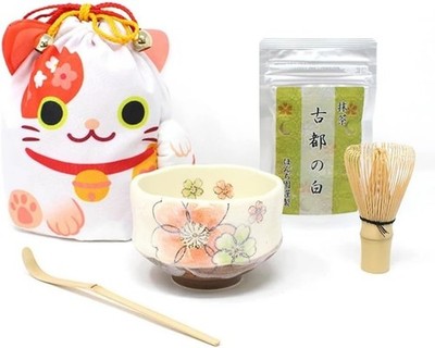 Beginner Matcha Kit   Japanese Lucky white Cat Bowl & Bamboo Whisk 5-Piece
